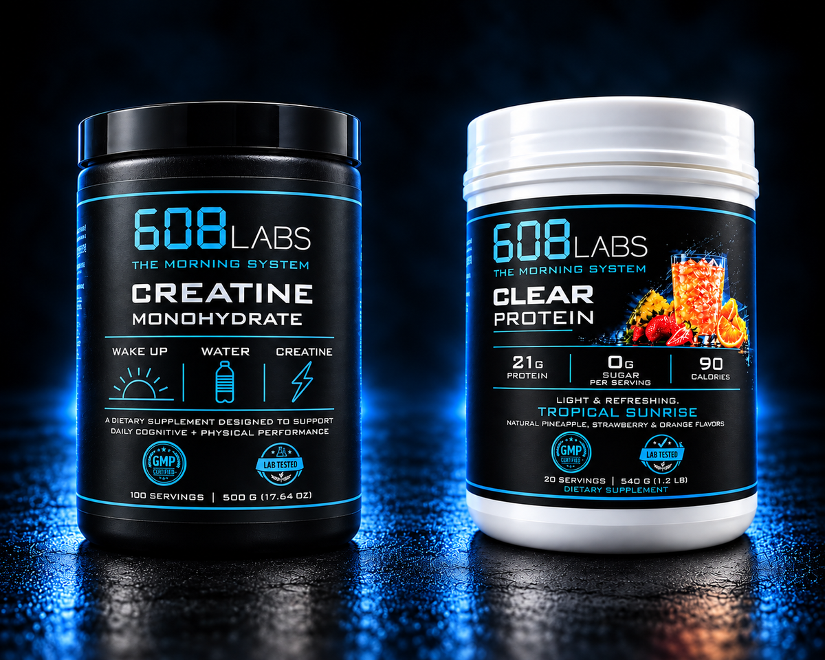608 Labs The Morning Stack: Creatine Monohydrate 500g and Clear Protein Tropical Sunrise 540g
