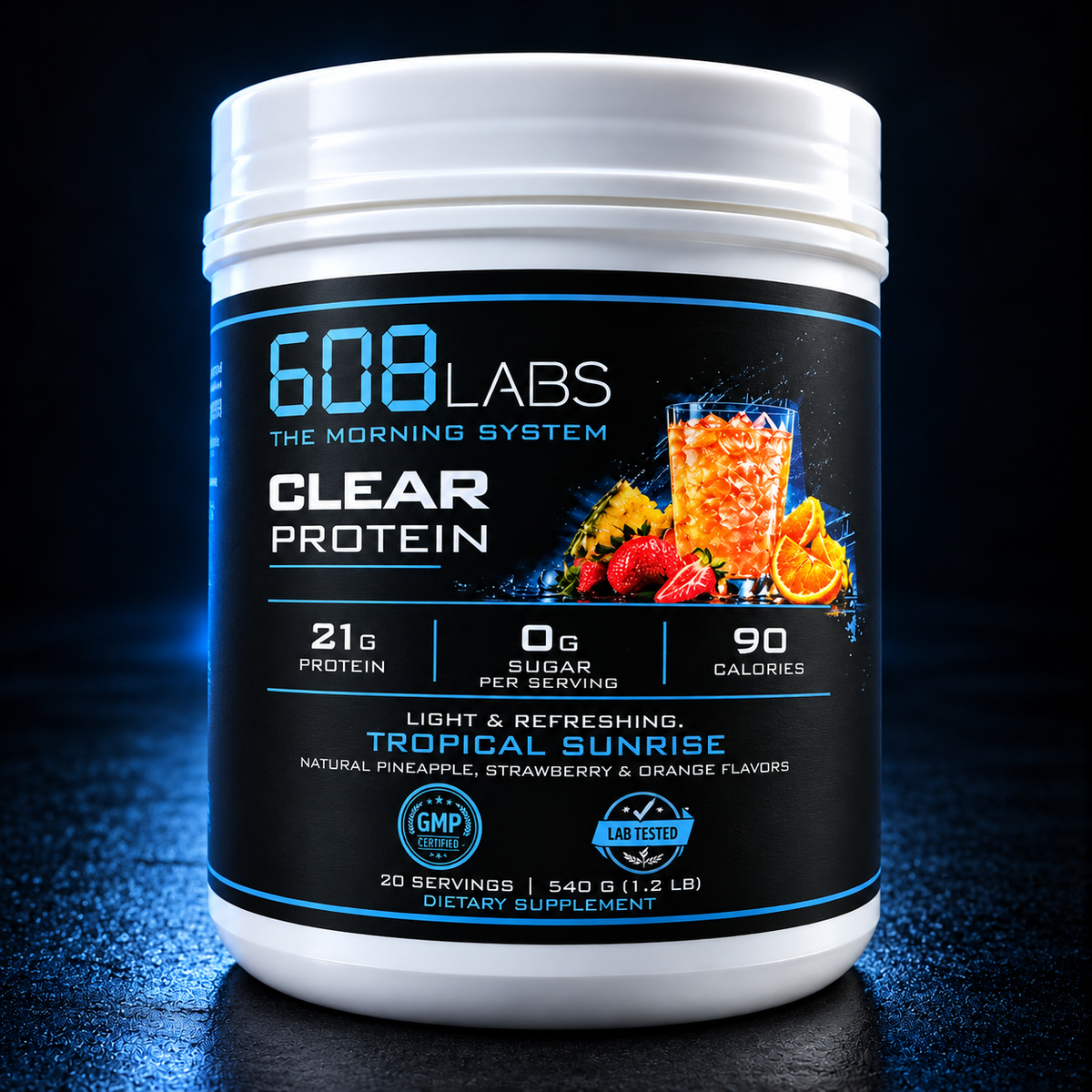 608 Labs Clear Protein, Tropical Sunrise, 21g protein, 0g sugar, 20 servings, 540g tub
