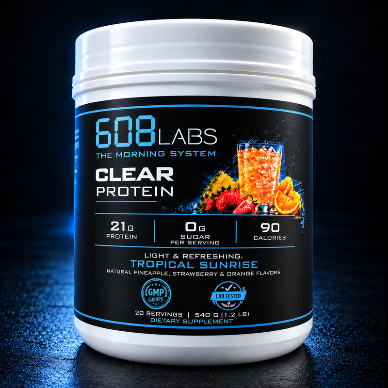 608 Labs Clear Protein, Tropical Sunrise, 21g protein, 0g sugar, 20 servings, 540g tub
